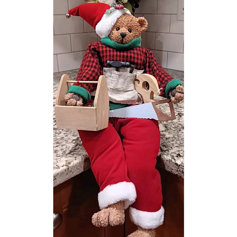 Large Christmas Stuffed Bear W/ Stone Feet/Hands/Head. Very Cute. Sits On Shelf!